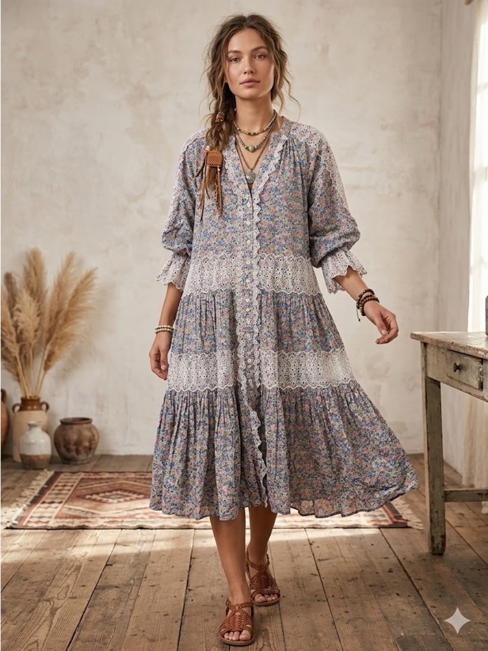 by timo Boho Floral Lace-Trim Midi Dress in Dusty Blue size M